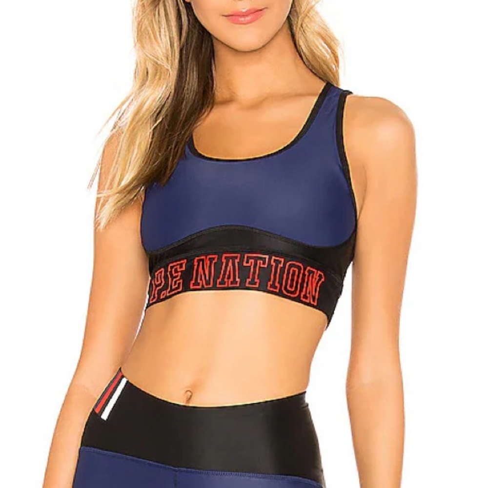 P.E Nation Navy Blue and Black Sports Bra with Red Logo